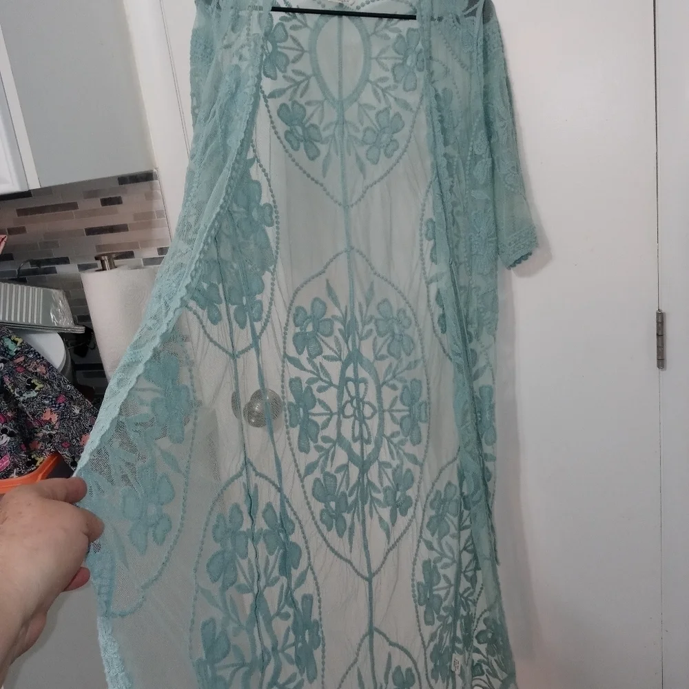 Ember sage Embroidered floral mesh Lace 1/2 Sleeve lingerie cover up M - Picture 2 of 10